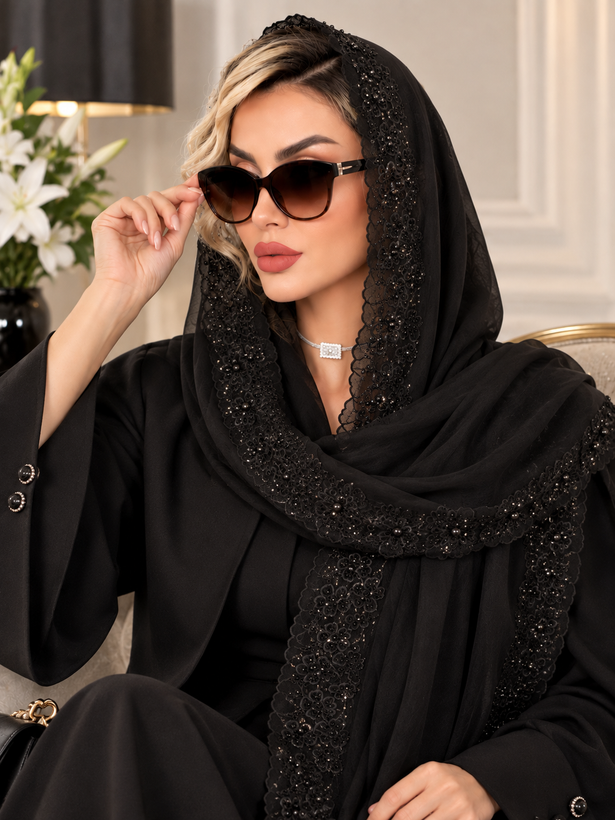 شال حریر مجلسی زنانه نگینی حاشیه گلدوزی