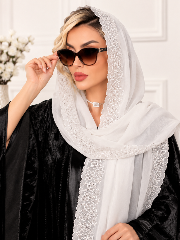 شال حریر مجلسی زنانه نگینی حاشیه گلدوزی