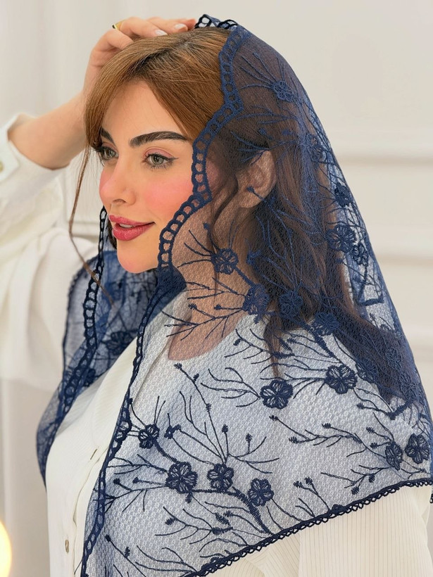 روسری دانتل سه گوش سرمه‌ای زنانه جنس اصلی